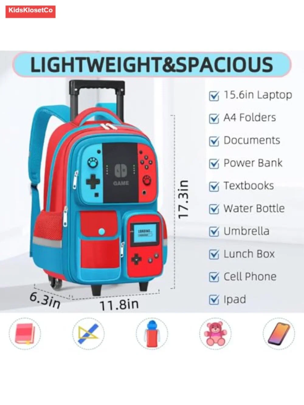 Rolling Backpack for Boys with Wheels Kids Wheeled Travel Bookbag Lightweight